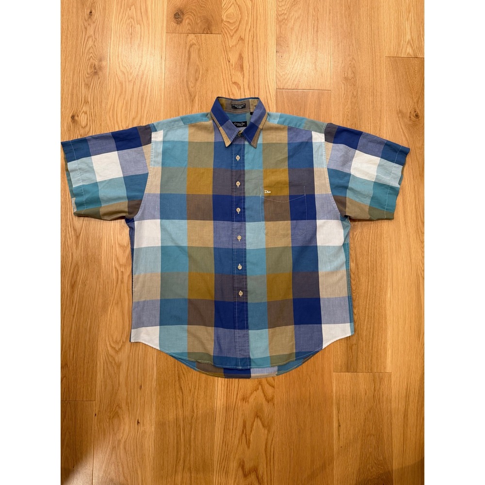 Vtg Christian Dior Monsieur Blue Brown Block Plaid Button Down Shirt MED
